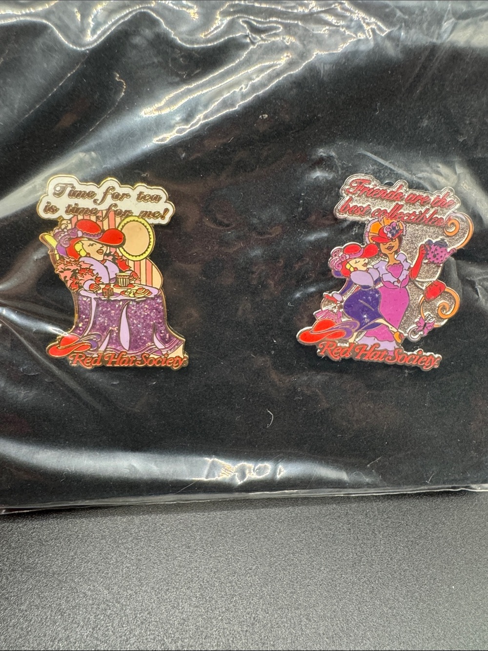 New Sealed Red Hat Society Glitter Enamel Pin Pair - Purple & Red